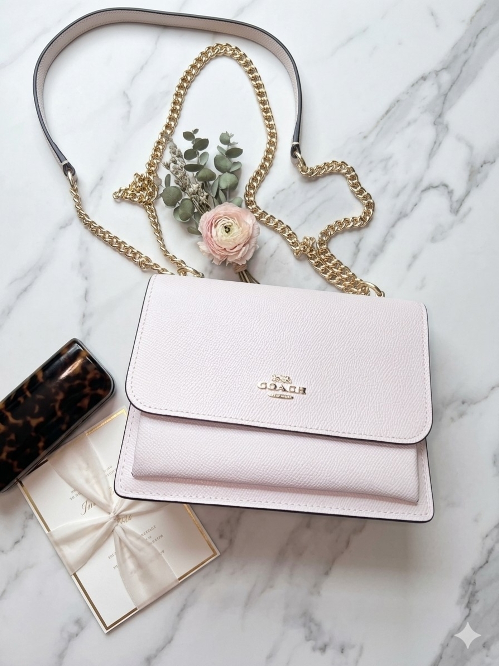 Coach Women's Blush Pink Leather Crossbody Bag with Gold Chain